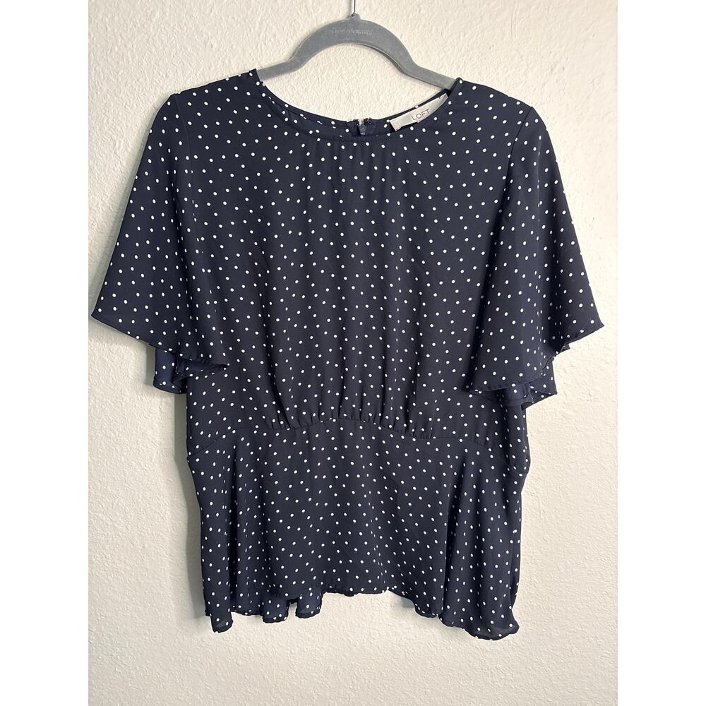 LOFT Women’s peplum flutter short sleeve blouse, black, white polka dot, size 10